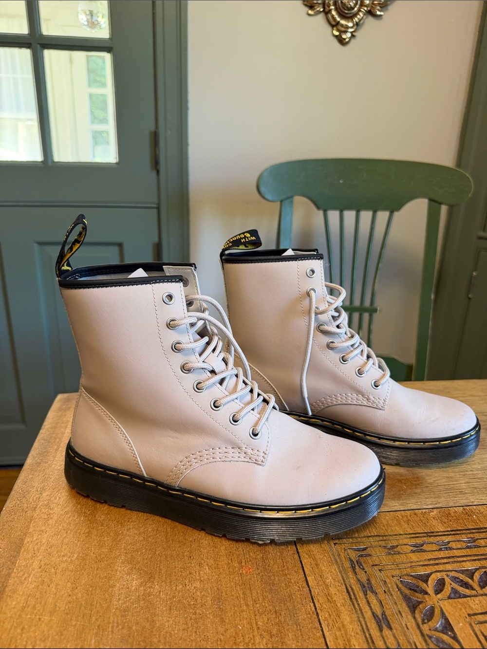 Dr. Martens Women's Light Beige Leather Lace-Up Combat Boots with Black Sole